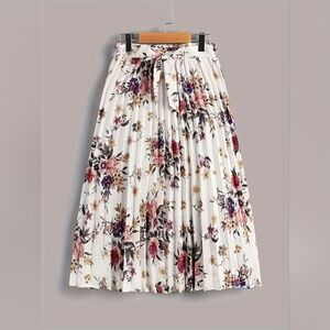 Shein Curve Floral Pleated Midi Skirt Waist Tie Formal Cottagecore Church 3XL